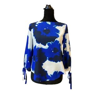 Banana Republic Shirt Women Size Petite XS Blue Floral Drawstring Sleeves Blouse